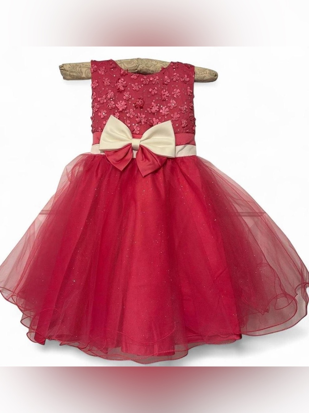 Girls Hot Pink Floral Applique Tulle Party Dress with Bow